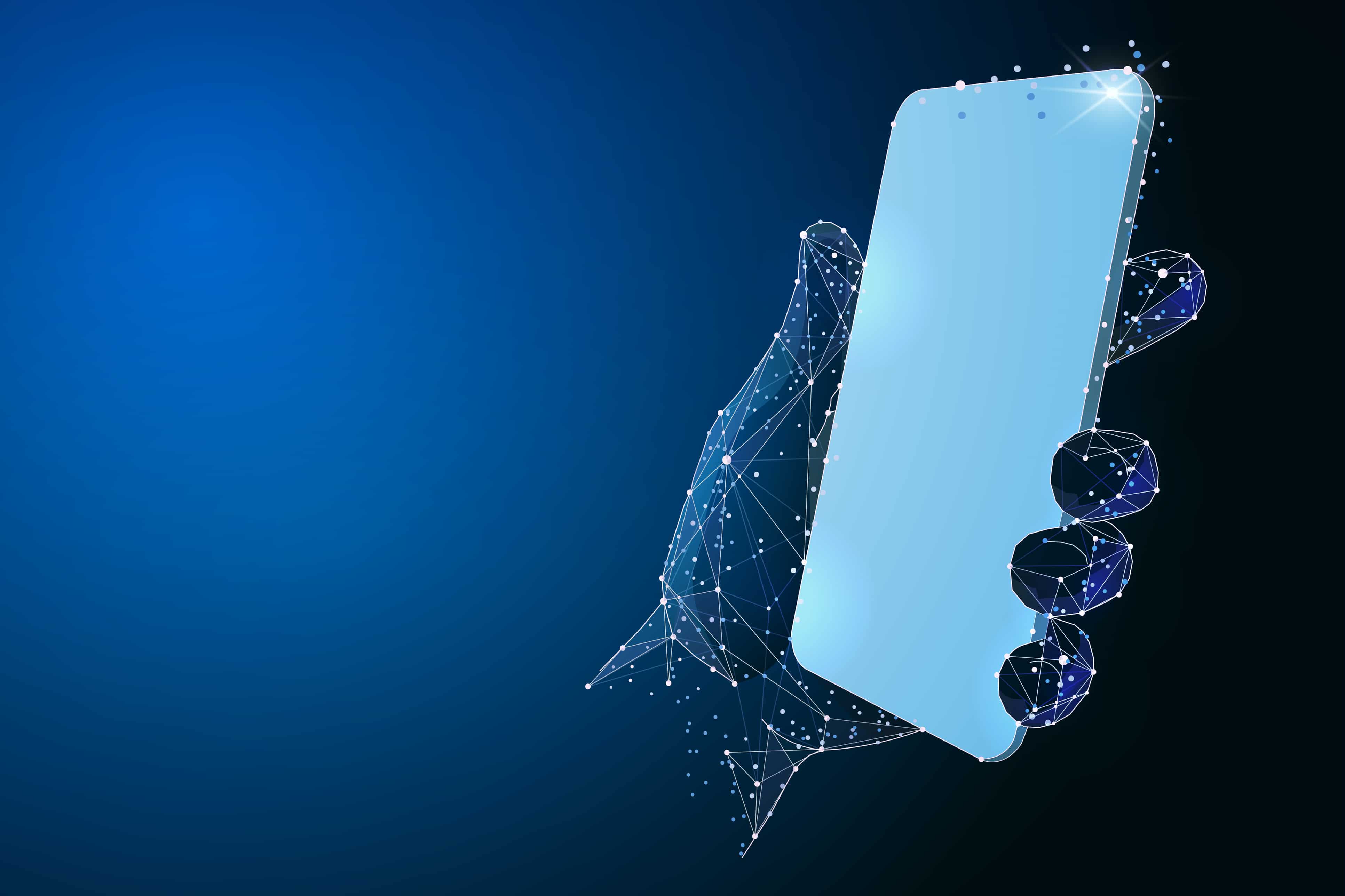 KENSA-Man's hand holding the smartphone. Abstract polygonal wireframe closeup mobile phone with blank white empty screen. Communication app smartphone concept. Isolated on blue background.
